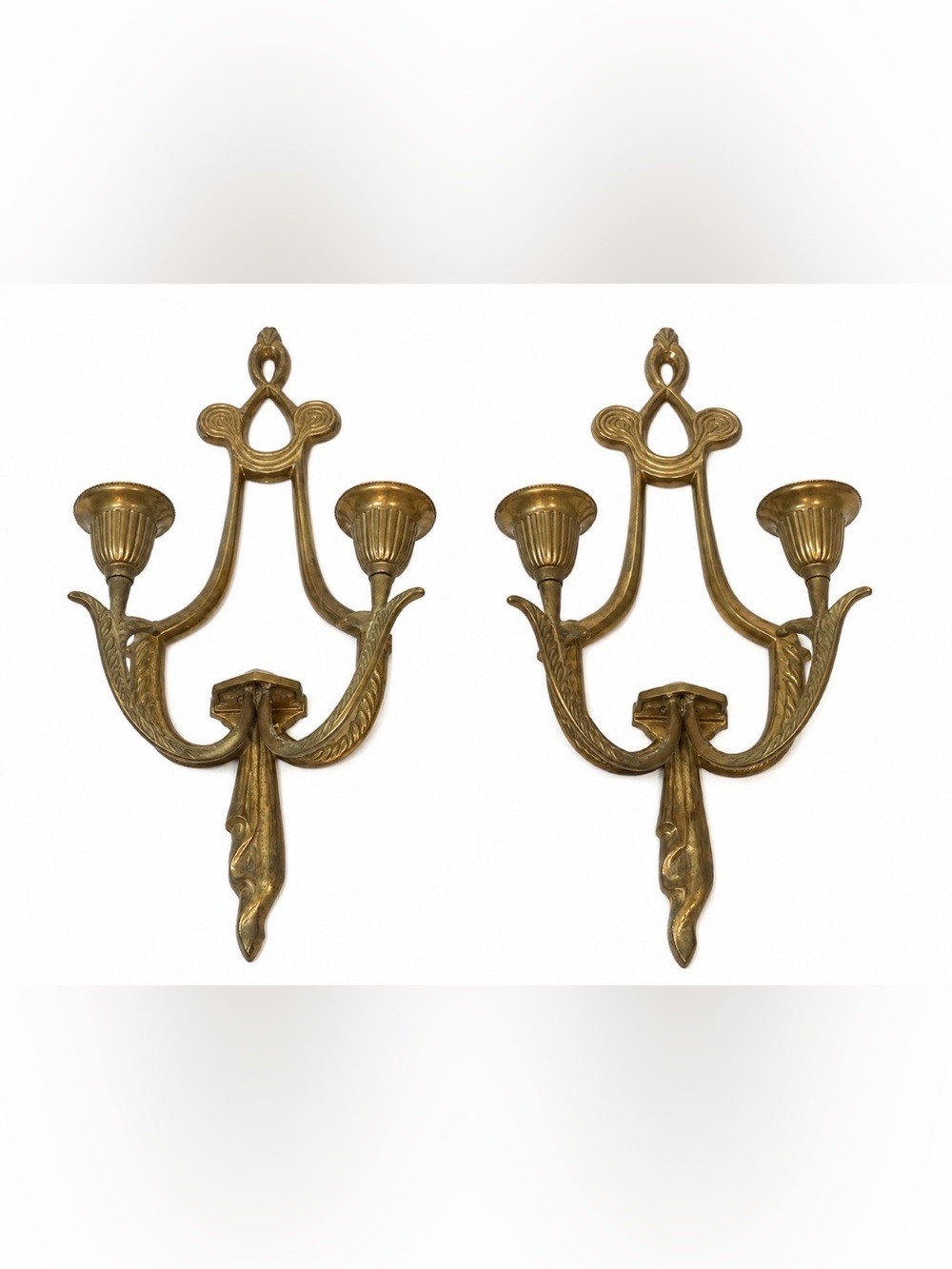 Vintage Solid Brass Double Arm Wall Candle Sconces Pair Hollywood Regency MCM